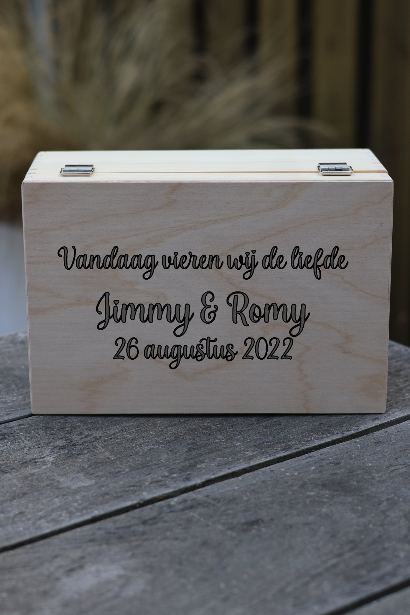 Houten memorybox bruiloft met tekst