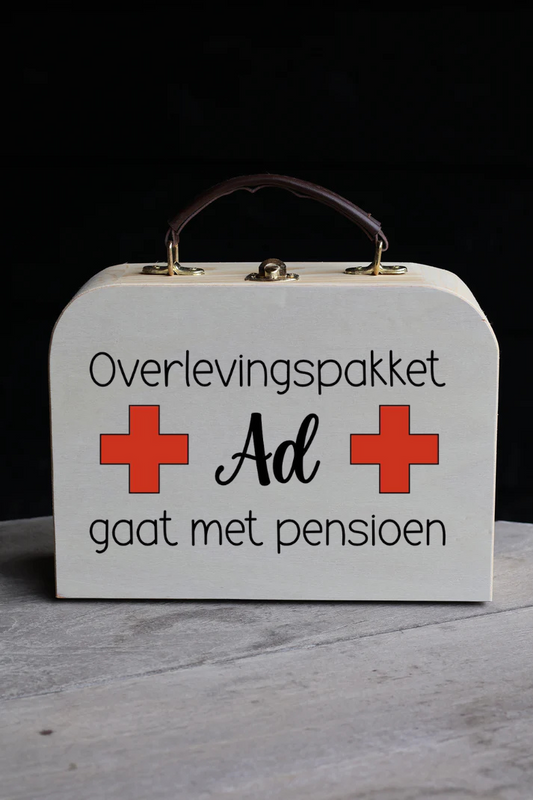 Houten koffertje 'overlevingspakket'