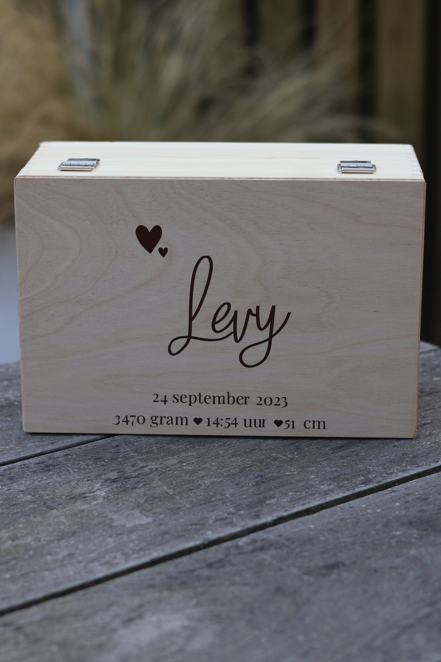 Houten memorybox geboorte met naam